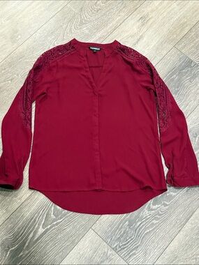 Express Women's Burgundy Lace-Panel V-Neck Blouse